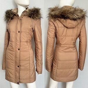 NEW WOMEN’S PUFFER ZIPPED STAND-UP COLLAR FAUX FUR TRIMMED HOOD LINED DUSTY ROSE